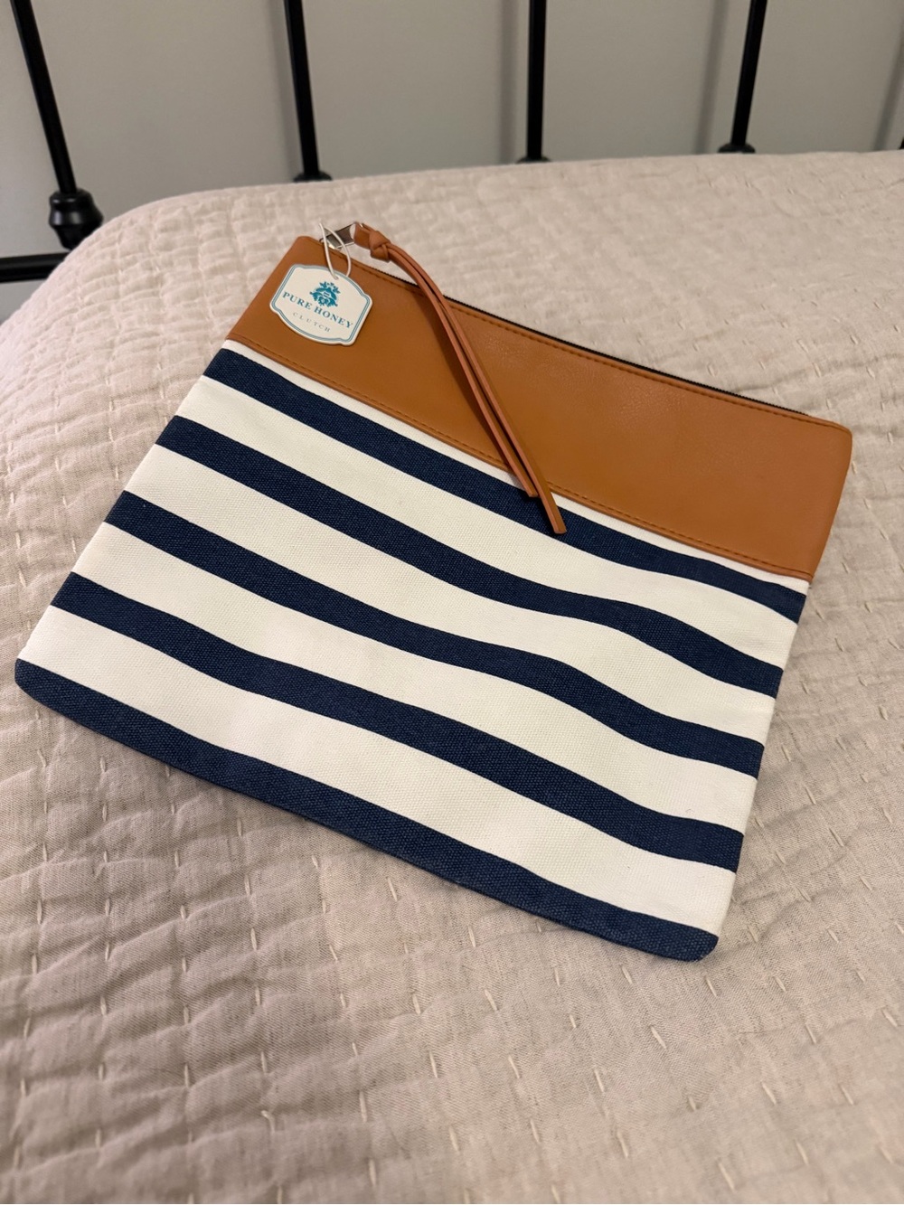 Pure Honey NWT Navy Stripe Canvas clutch Pouch with Tan trim. 10x11
